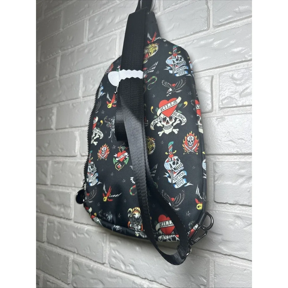 Ed Hardy Sling Backpack Unisex Black New York City Skull Eagle Tattoo NWT